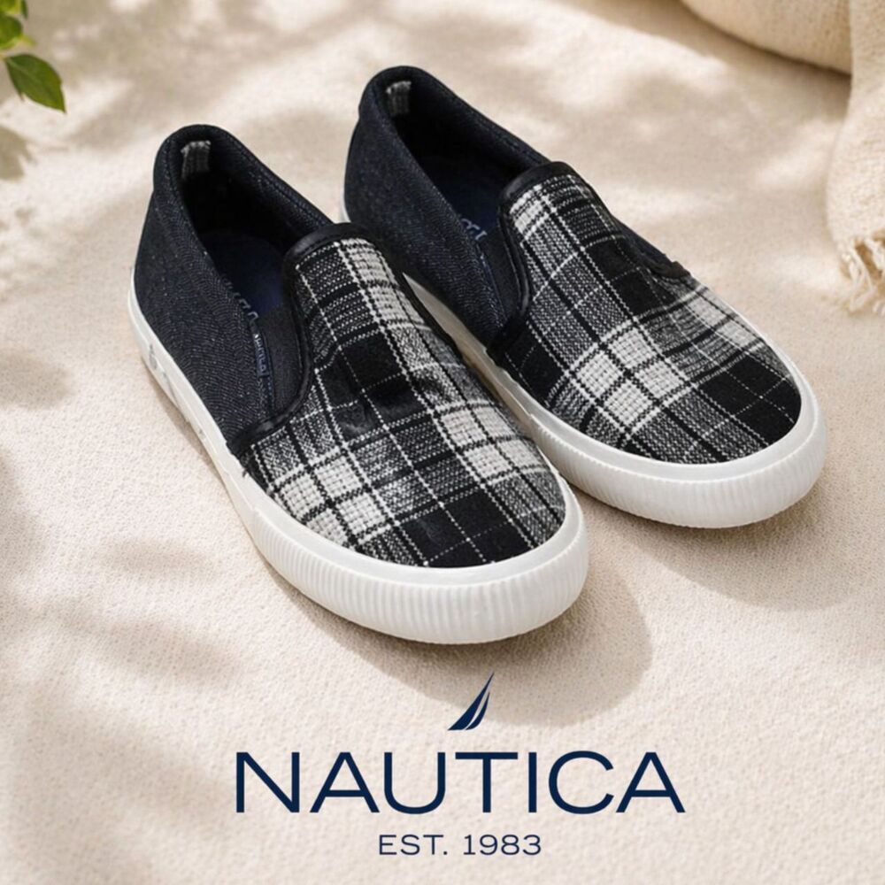 Nautica Plaid Slip On Sneakers Black White Casual Shoes Size 7